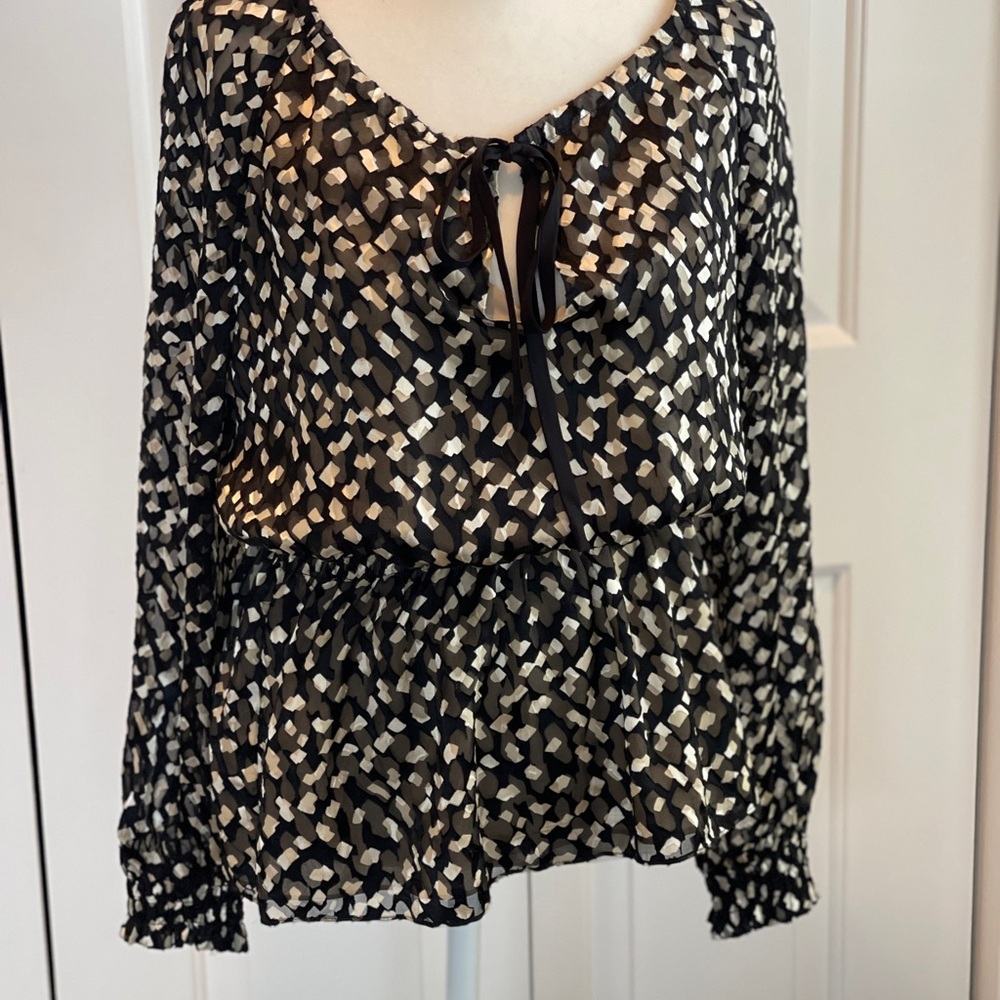Theory burn out drawstring neck blouse. L. Black and cream.